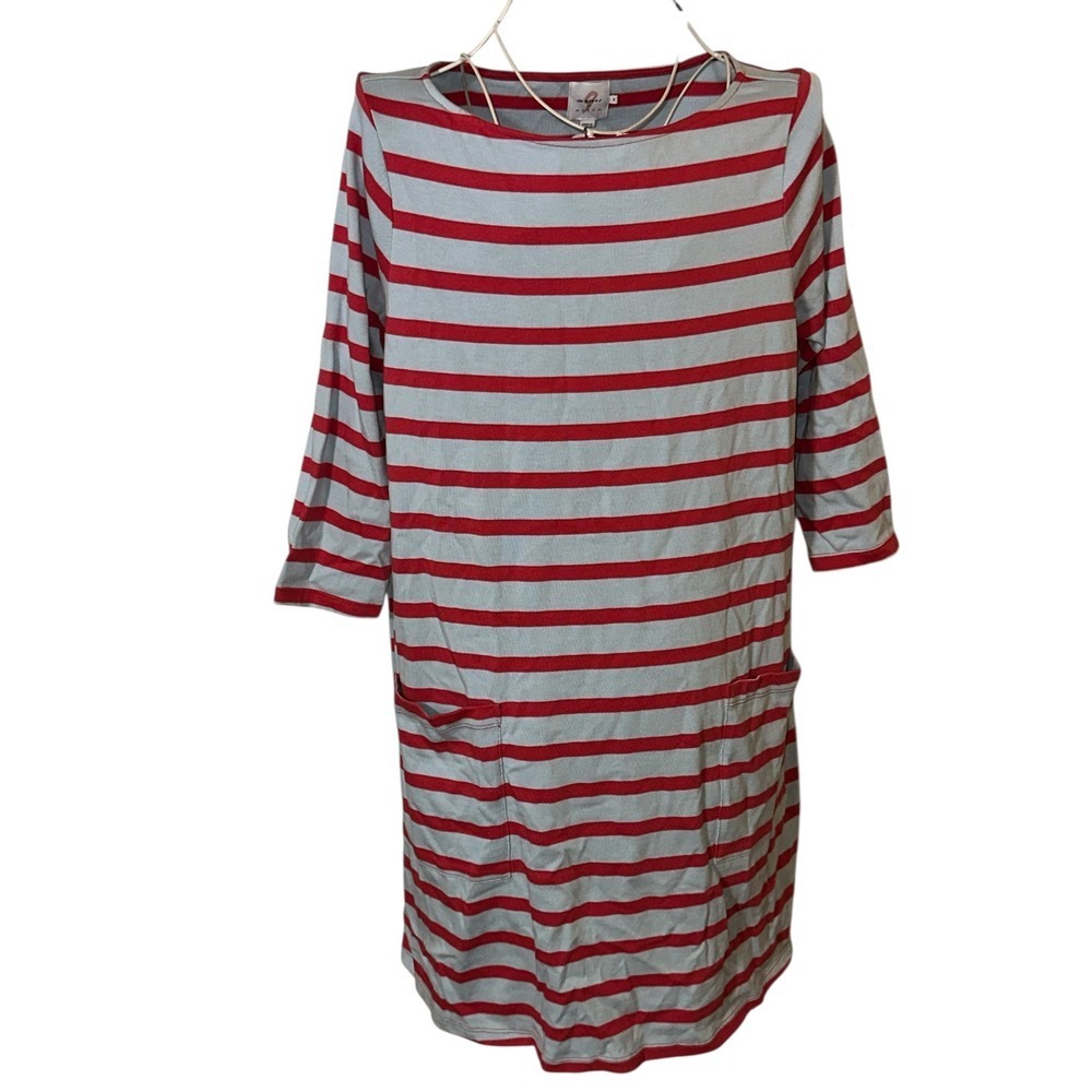 HATCH The Nines Striped Boat Neck Pocket Dress Red Light Blue Cotton size Medium - Picture 4 of 10